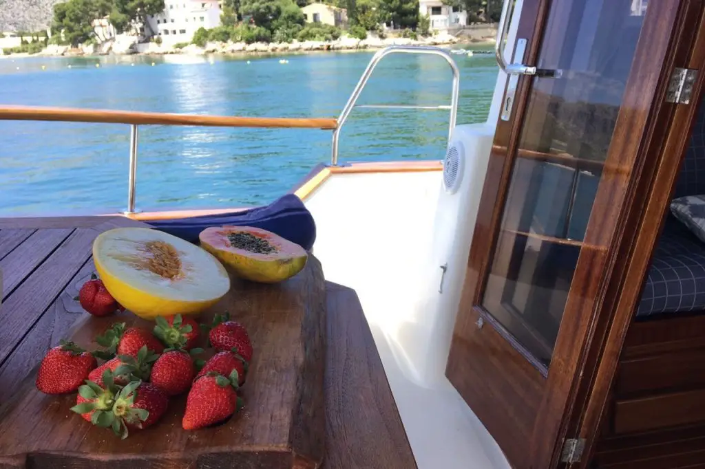 delicious-looking fruits on a boat with bue water and coastline in the background