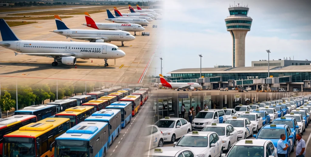 Illustration of Palma de Mallorca airport, airplanes, buses, and taxis representing transport strike disruption