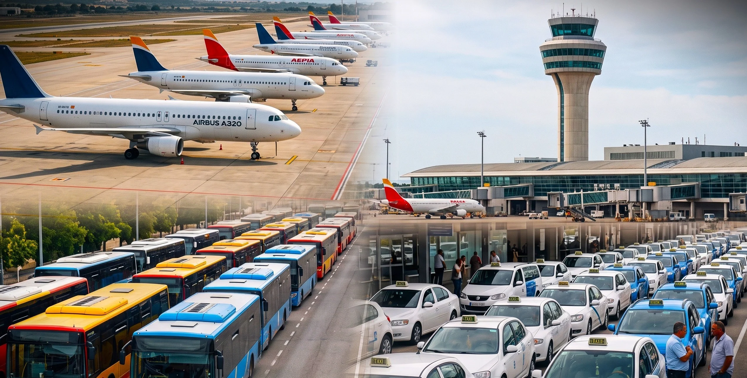 Illustration of Palma de Mallorca airport, airplanes, buses, and taxis representing transport strike disruption